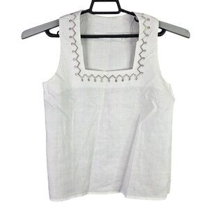 Womens Brett Harrison White Tank Top 100% Linen Embroidered Square Neck Size 10